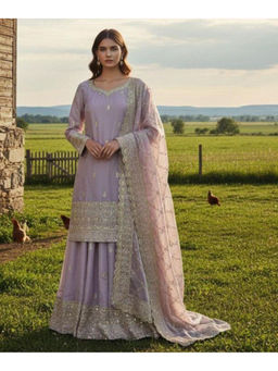 Mirraw - Lavender Silk Blend Embroidered Kurta with Sharara and Dupatta