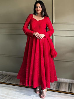 Mirraw - Red Faux Georgette Embroidered Anarkali with Pant and Dupatta