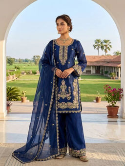 Mirraw - Royal Blue Silk Blend Embroidered Kurta with Palazzo and Dupatta