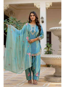 Mirraw - Sky Blue Satin Embroidered Kurta with Salwar and Dupatta