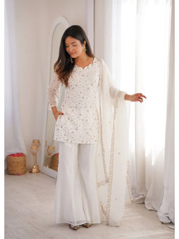 Mirraw - White Silk Blend Embroidered Kurta with Palazzo and Dupatta
