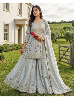 Mirraw - Sky Blue Silk Blend Embroidered Kurta with Palazzo and Dupatta