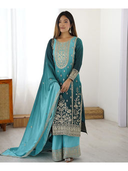 Mirraw - Aqua Silk Embroidered Kurta with Palazzo and Dupatta