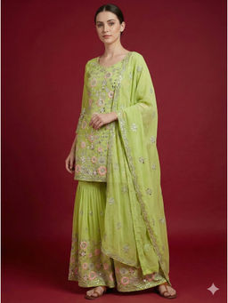Mirraw - Exquisite Green Georgette Embroidery Kurta with Sharara and Dupatta