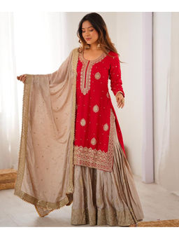 Mirraw - Red Silk Blend Embroidery Kurta with Sharara and Dupatta