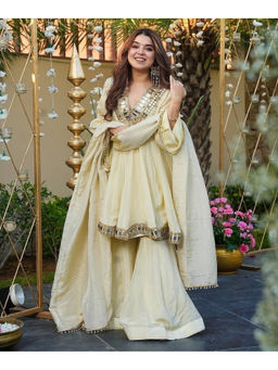 Mirraw - Cream Cosmos Mirror Work Kurta with Palazzo and Dupatta