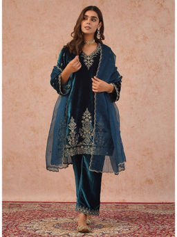 Mirraw - Teal Velvet Embroidered Kurta with Pant and Dupatta
