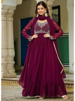 Mirraw - Wine Georgette Embroidered Anarkali with Sharara and Dupatta