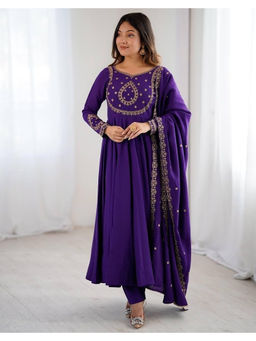 Mirraw - Purple Embroidery Anarkali with Churidar and Dupatta