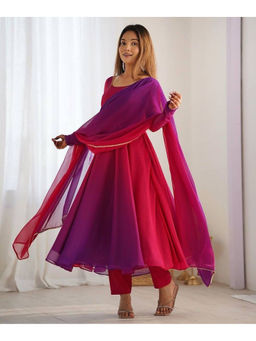 Mirraw - Multicolor Ombre Georgette Tiered Anarkali with Pant and Dupatta