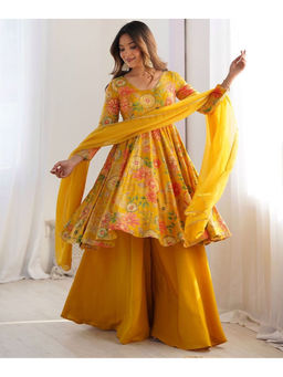 Mirraw - Mustard Floral Anarkali with Sharara and Dupatta