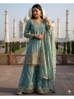 Mirraw - Seafoam Green Zari Embroidered Kurta with Sharara and Dupatta