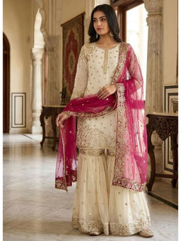 Mirraw - Off White and Magenta Silk Blend Kurta with Sharara and Dupatta