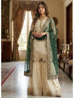 Mirraw - Ivory Embroidered Kurta with Sharara and Dupatta