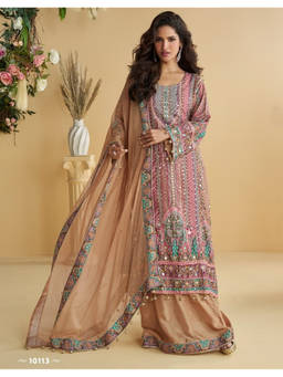 Mirraw - Dusty Rose Silk Blend Mirrored Kurta with Palazzo and Dupatta