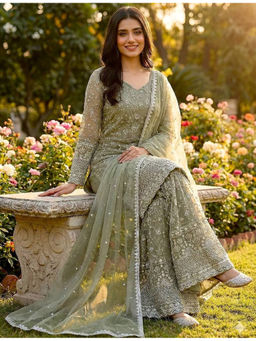Mirraw - Light Green Silk Blend Floral Embroidered Kurta with Sharara and Dupatta