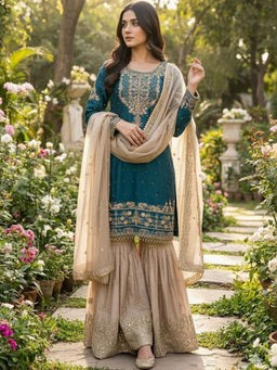 Mirraw - Teal-Blue Silk Blend Embroidered Kurta with Sharara and Dupatta