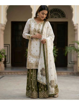 Mirraw - Off White Silk Blend Embroidered Kurta with Palazzo and Dupatta
