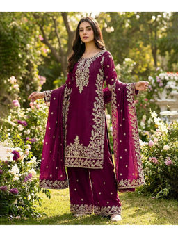 Mirraw - Magenta Silk Blend Embroidered Kurta with Pant and Dupatta