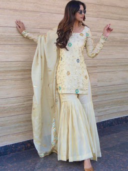 Mirraw - Chinon Silk Cream Embroidered Kurta with Sharara and Dupatta