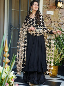 Mirraw - Black Roman Silk Anarkali with Sharara and Dupatta