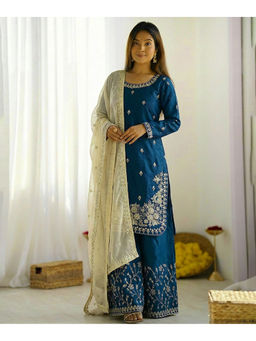 Mirraw - Teal Embroidered Kurta with Palazzo and Dupatta