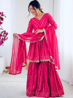 Mirraw - Rani Pink Embroidered Kurta with Sharara and Dupatta