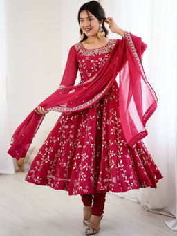 Mirraw - Pink Floral Embroidered Anarkali with Churidar and Dupatta