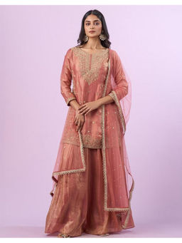 Mirraw - Peach Tissue Silk Kurta with Palazzo and Dupatta
