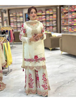 Mirraw - Off-White Silk Blend Kurta with Palazzo and Dupatta