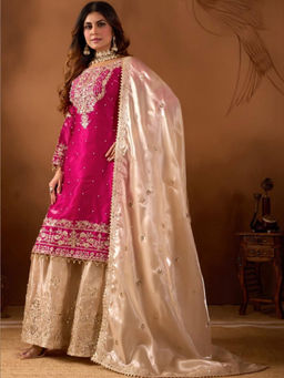Mirraw - Rani Pink Organza Blend Embroidered Kurta with Sharara and Dupatta