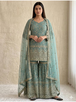 Mirraw - Light Teal Sequined Kurta with Sharara and Dupatta