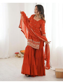Mirraw - Dark Orange Ruffle Kurta with Sharara and Dupatta