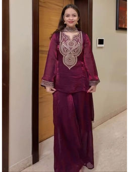 Mirraw - Maroon Silk Blend Embroidered Kurta with Palazzo and Dupatta