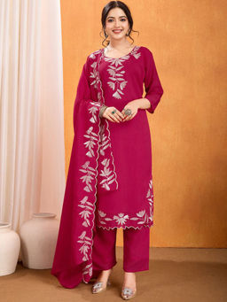 Mirraw - Rani-Pink Embroidered Silk Blend Kurta with Pant and Dupatta