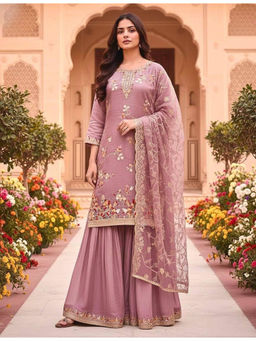 Mirraw - Onion Pink Embroidered Kurta with Palazzo and Dupatta
