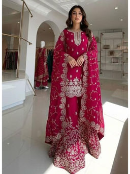 Mirraw - Rani Pink Embroidered Kurta with Palazzo and Dupatta