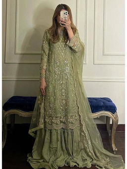 Mirraw - Pastel Green Georgette Sequin Kurta with Palazzo and Dupatta