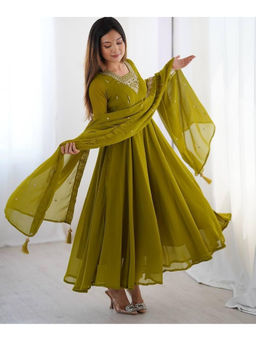 Mirraw - Olive Green Embroidered Anarkali with Churidar and Dupatta