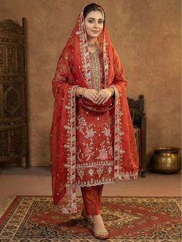 Mirraw - Rust Embroidered Silk Blend Kurta with Pant and Dupatta