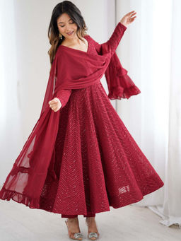 Mirraw - Maroon Georgette Sequin Work Anarkali with Churidar and Dupatta