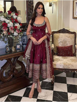 Mirraw - Maroon Silk Blend Embroidered Anarkali with Pant and Dupatta