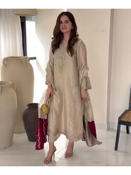 Mirraw - Beige Gold Tissue Silk Kurta with Pant and Dupatta