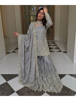 Mirraw - Grey Silk Blend Embroidered Anarkali with Sharara and Dupatta