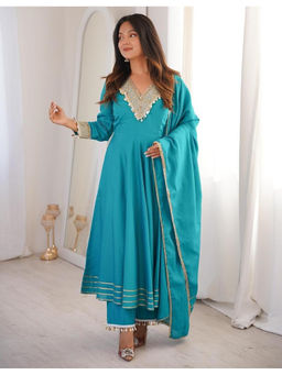 Mirraw - Sky Blue Silk Blend Embroidered Anarkali with Pant and Dupatta