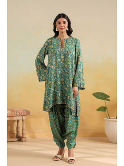 RATAN JAIPUR - Green Bell Sleeve Short Kurta with Dhoti