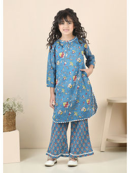 RATAN JAIPUR - Blue Boatneck Cotton Kurta with Pant
