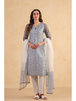 RATAN JAIPUR - Blue Kota Doria Kurta with Pant and Dupatta