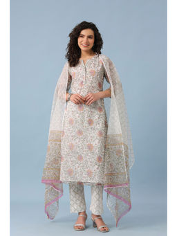 RATAN JAIPUR - White Maira Kota Doria Kurta with Pant and Dupatta