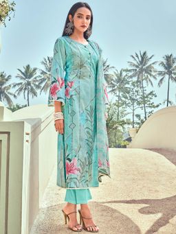 Stylee LIFESTYLE - Turquoise Cotton Digital Printed Dress Material (Set of 3)